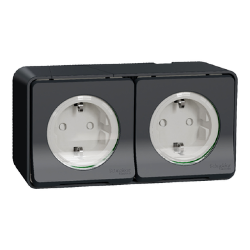 Tomada 2PT monobloco dupla com obturadores, Mureva Styl, horizontal pré-cabladas, saliente, IP55, 16A, Cinzento