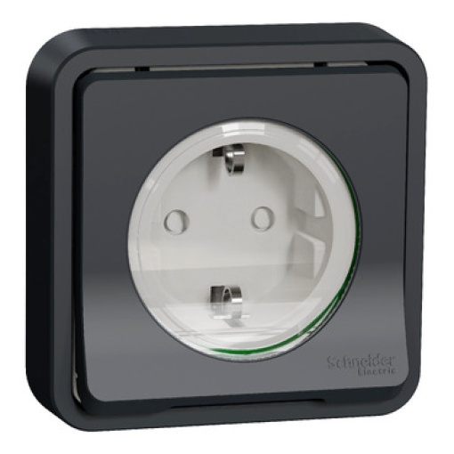 Tomada 2PT monobloco com obturadores, Mureva Styl, encastrar, IP55, 16A, Cinzento