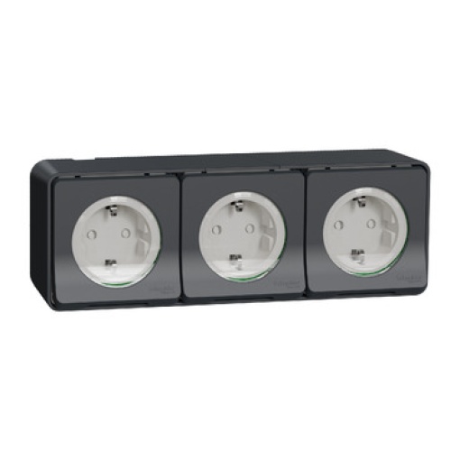 Mureva Styl - Tomada 2PT monobloco tripla com obturadores horizontal précablada - IP55 - 16A - Cinzento