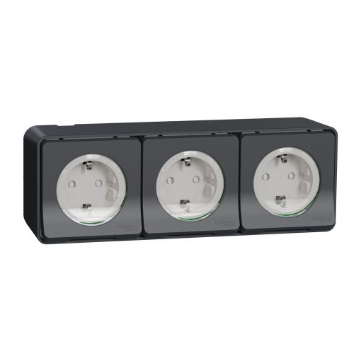 Mureva Styl - Tomada 2PT monobloco tripla com obturadores horizontal précablada - IP55 - 16A - Cinzento