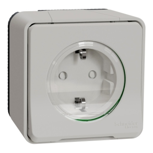 Tomada 2PT monobloco com obturadores, Mureva Styl, saliente, ligadores parafuso, IP55, 16A, Branco