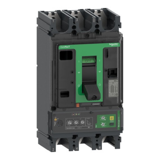 Circuit breaker ComPacT NSX630F, 36kA at 415VAC, MicroLogic 4.3 Vigi trip unit 570A, 3 poles 3d