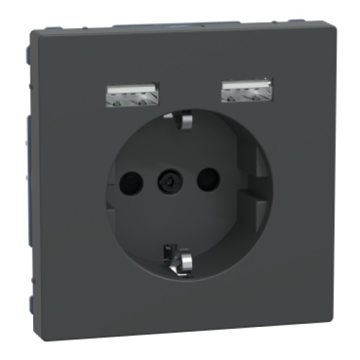 D-Life - Tomada 2PT  Carregador 2xUSB - 2.4A - 16A - Antracite