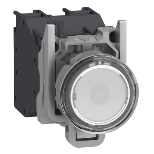 Complete illuminated push button, Harmony XB4, metal, flush, white, Ø22 mm, spring return, booted, 24...254 V ACDC, 1 NO, ATEX