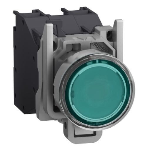 Complete illuminated push button, Harmony XB4, metal, flush, green, Ø22 mm, spring return, booted, 24...254 V ACDC, 1 NO, ATEX
