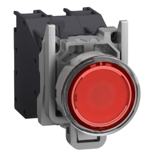 Complete illuminated push button, Harmony XB4, metal, flush, red, Ø22 mm, spring return, booted, 24...254 V ACDC, 1 NO, ATEX