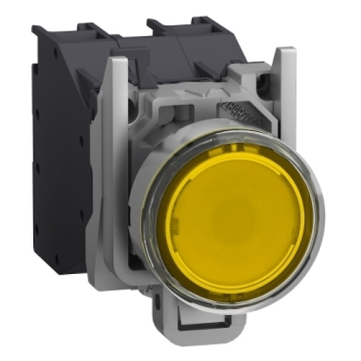 Complete illuminated push button, Harmony XB4, metal, flush, yellow, Ø22 mm, spring return, booted, 24...254 V ACDC, 1 NO, ATEX