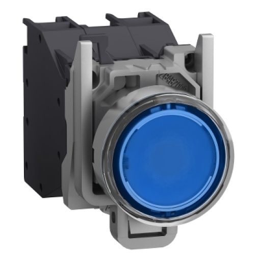 Complete illuminated push button, Harmony XB4, metal, flush, blue, Ø22 mm, spring return, booted, 24...254 V ACDC, 1 NO, ATEX