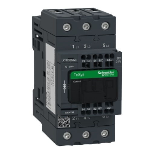 Contator, TeSys Deca, 3P 3 NO, AC-3AC-3e, 400 V, 65 A, bobina padrão de 24 V CC, terminais de mola
