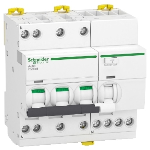 Disjuntor diferencial com proteção contra sobrecorrente RCBO, Acti9 iCV40H, 3PN, 16 A, curva C, 10 000 A, tipo A, 30 mA