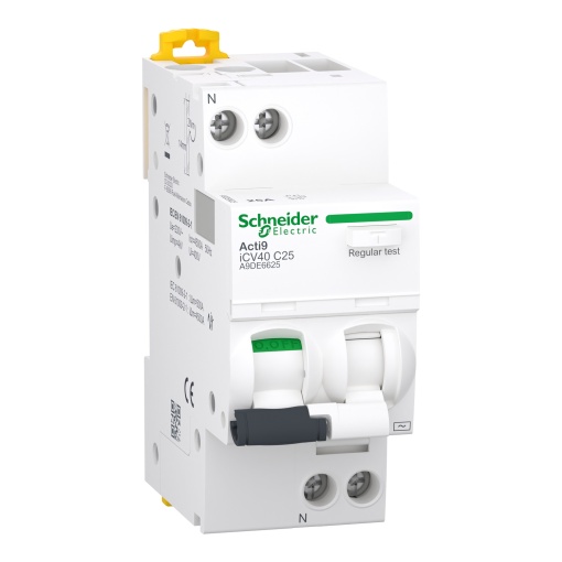 Disjuntor diferencial com proteção contra sobrecorrente RCBO, Acti9 iCV40, 1PN, 25 A, curva C, 4500 A, tipo CA, 300 mA