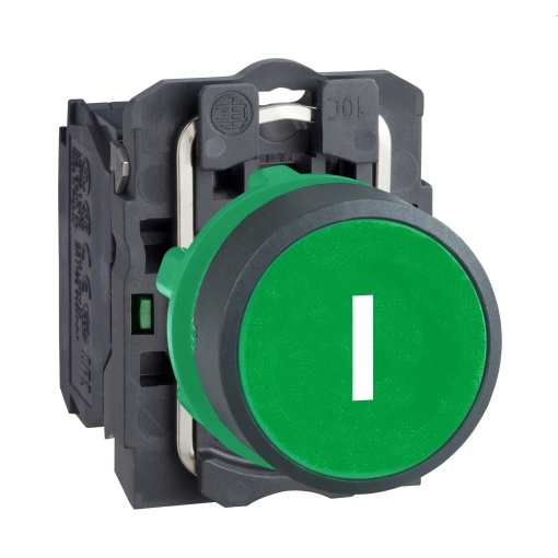 Push button, plastic, flush, verde, ø22, spring return, marked i, 1 no