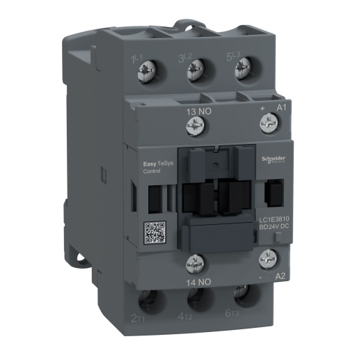 Contator, Easy TeSys Control, LC1E, 3P 3NO, AC-3AC-3e, 440 V, 38 A, bobina de 24 V CC, 1 contacto auxiliar NO