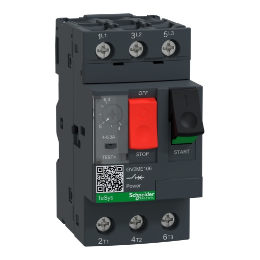 Disjuntor motor, TeSys Deca quadro 2, 3P, 4-6,3A, termomagnético, botão de pressão, terminais de olhal
