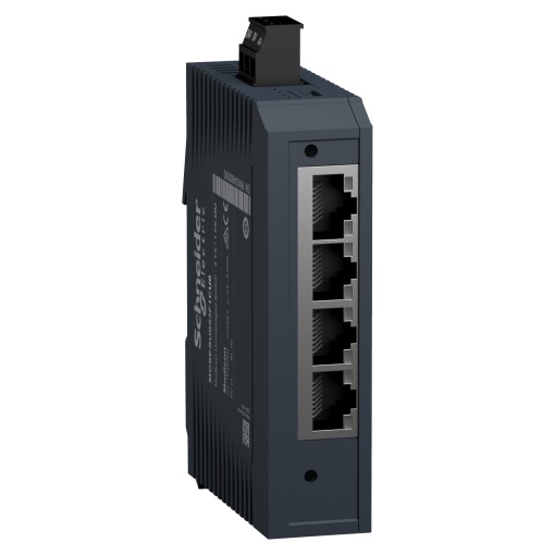 comutador de rede, rede Modicon, modelo padrão não gerido, 4 portas para cabo de cobre e 1 porta para fibra ótica multimodo
