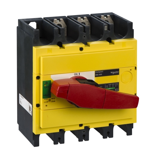interruptor seccionador Interpact INS400 3P punho vermelhoface frontal amarela