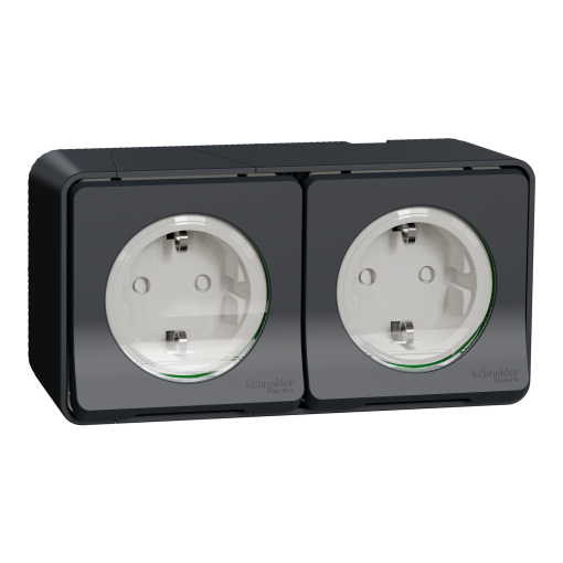 Tomada 2PT monobloco dupla com obturadores, Mureva Styl, horizontal pré-cabladas, saliente, IP55, 16A, Cinzento