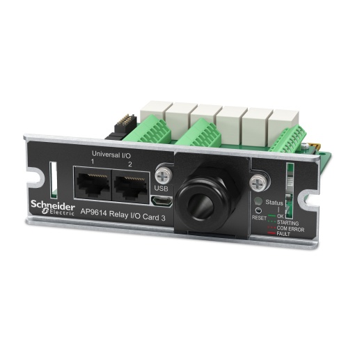 Opções de gerenciamento, placa de ES de contato seco, monitora sensores ambientais de UPS externo, relés de saída e contatos de entrada