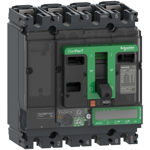 Circuit breaker ComPacT NSX160B, 25kA at 415VAC, MicroLogic 7.2 E Vigi trip unit 160A, 4 poles 4d
