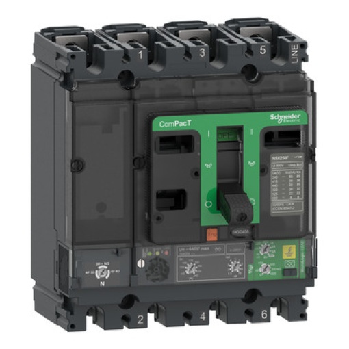 Circuit breaker ComPacT NSX250F, 36kA at 415VAC, MicroLogic 4.2-AB Vigi trip unit, 240A, 4 poles 4d