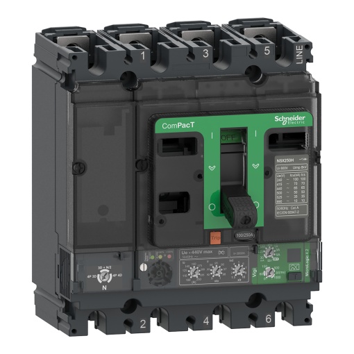 Circuit breaker ComPacT NSX160B, 25kA at 415VAC, MicroLogic 4.2 Vigi trip unit 100A, 4 poles 4d