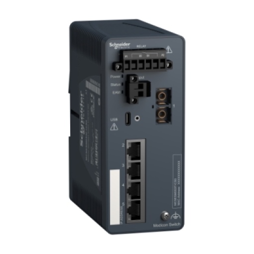Modicon Managed Switch - 4 portos para cobre  1 porto para fibra óptica monomodo