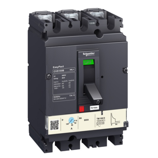 circuit breaker, EasyPact CVS100F, 36kA at 415VAC, 63A, TM-D trip unit, 3P3d