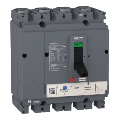 circuit breaker EasyPact CVS160F, 36 kA at 415 VAC, 160 A rating thermal magnetic TM-D trip unit, 4P 3d