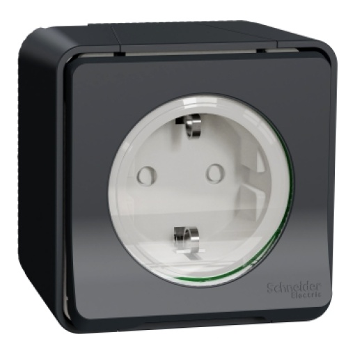 Tomada 2PT com obturadores, Mureva Styl, saliente, ligadores parafuso, IP55, 16A, Cinzento