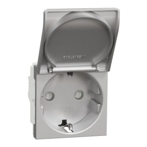 Tomada 2PT com obturadores lig. parafuso, Unica, 16A, Alumínio