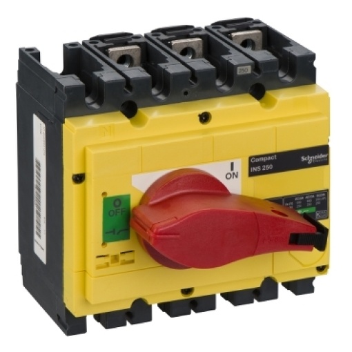interruptor seccionador Interpact INS250 3P punho vermelhoface frontal amarela