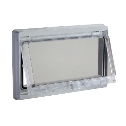 Plastic window with hinged transparent cover. IP 55, L78xW180mm.