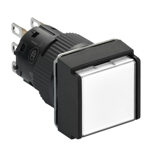 Illuminated monolithic push button, Harmony XB6E, square white pushbutton Ø 16 flush spring return 24 VDC polarised 1CO
