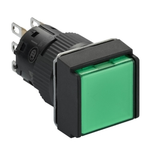 Illuminated monolithic push button, Harmony XB6E, square green pushbutton Ø 16 flush spring return 24 VDC polarised 1CO