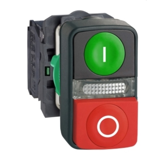 Illuminated double-headed push button, plastic, ø22, 1 cim een flush i  1 luz piloto  1 red projecting o, 1 no  1 nc