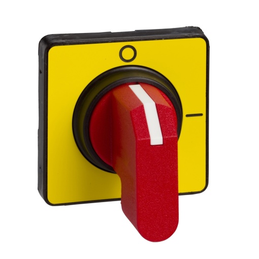 Puxadores e placas frontais,TeSys Control, puxador vermelho,placa frontal amarela,sem fechadura para cadeado,fixação por orifício único de Ø 22,5 mm