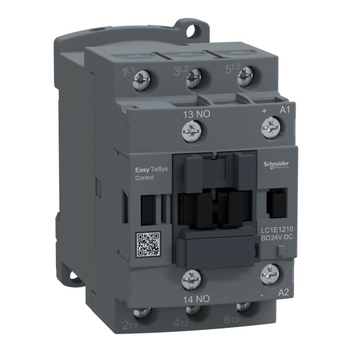 Contator, Easy TeSys Control, LC1E, 3P 3NO, AC-3AC-3e, 440 V, 12 A, bobina de 24 V CC, 1 contacto auxiliar NO