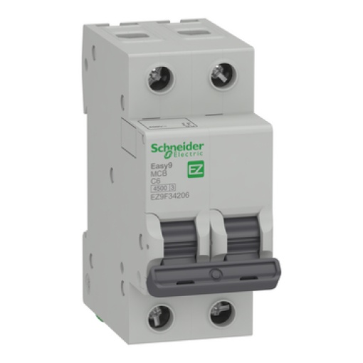 Easy9, disjuntor 2P, 6A, curva C, 4500A IECEN 60898-1