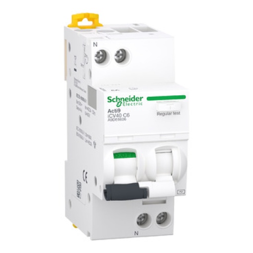 Disjuntor diferencial com proteção contra sobrecorrente RCBO, Acti9 iCV40, 1PN, 6 A, curva C, 4500 A, tipo CA, 300 mA