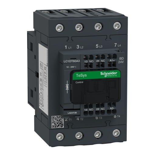 Contator, TeSys Deca, 4P 4 NO, CA-1, 440 V, 60 A, bobina padrão de 24 VCC, terminais de mola