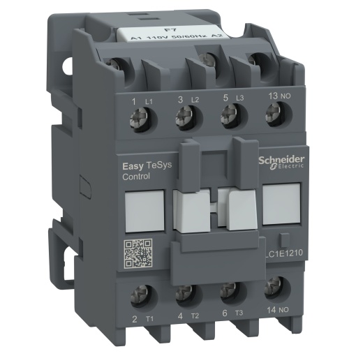 Contator, Easy TeSys Control, LC1E, 3P 3NO, AC-3AC-3e, 440 V, 12 A, bobina de 110 V CA, 5060 Hz, 1 contacto auxiliar NO