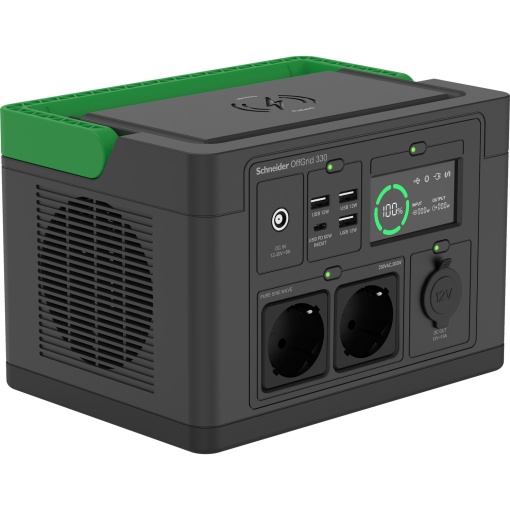 Estação de energia portátil Schneider OffGrid 330, 230 V, 332 Wh de íon de lítio, LCD, 2 tomadas CEE 73 Schuko, Sinewave, 3 USB-A, 1 USB-C