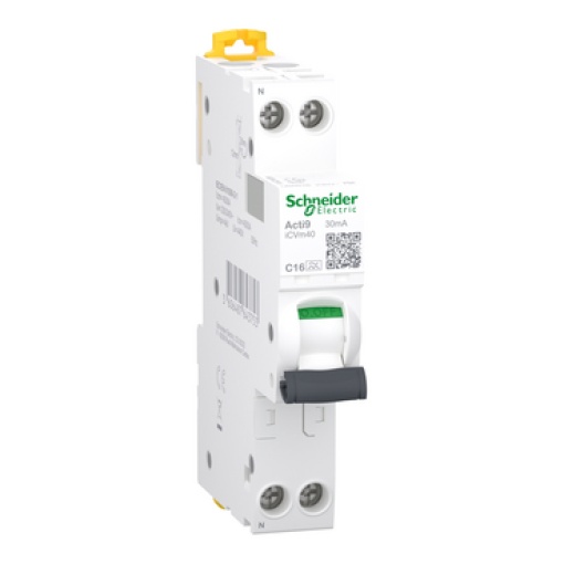 Disjuntor diferencial com proteção contra sobrecorrente RCBO, Acti9 iCVm40, 1PN, 16 A, curva C, 4500 A, tipo A, 30 mA