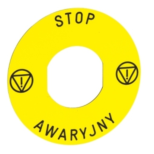 Yellow circular legenda stop awaryjny ø60mm with 2 iso13850 logo