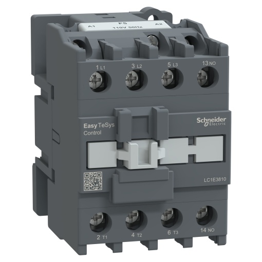 Contator, Easy TeSys Control, LC1E, 3P 3NO, AC-3AC-3e, 440 V, 38 A, bobina de 110 V CA, 50 Hz, 1 contacto auxiliar NO