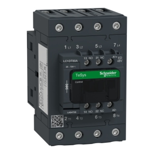 Contator, TeSys Deca, 4P 4 NO, CA-1, 440 V, 80 A, bobina padrão de 48 V CC, terminais de fixação por parafuso