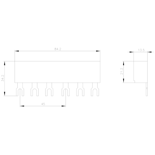 3ph busbars modular spacing 45 mm for 2 switches connections in fork shape