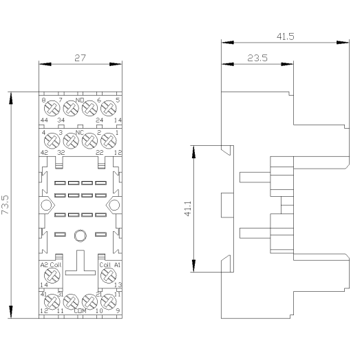 Base for relay with 4 changeover contacts