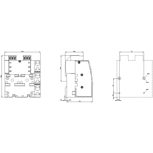 3ph busbar with infeed on the right for 2 circuit breakers S00 and S0