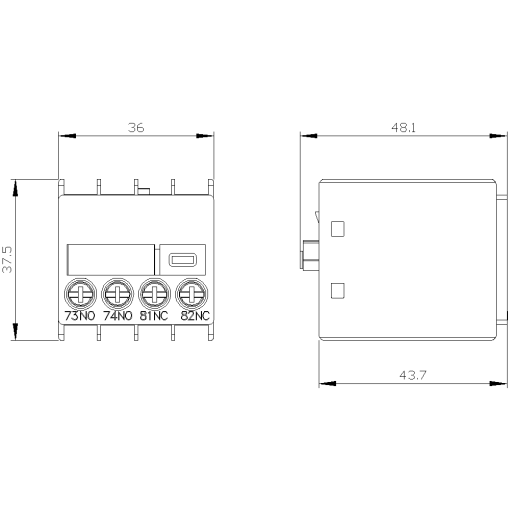 Auxiliary switch 1 NO1 NC current paths 1 NO 1 NC connection from below